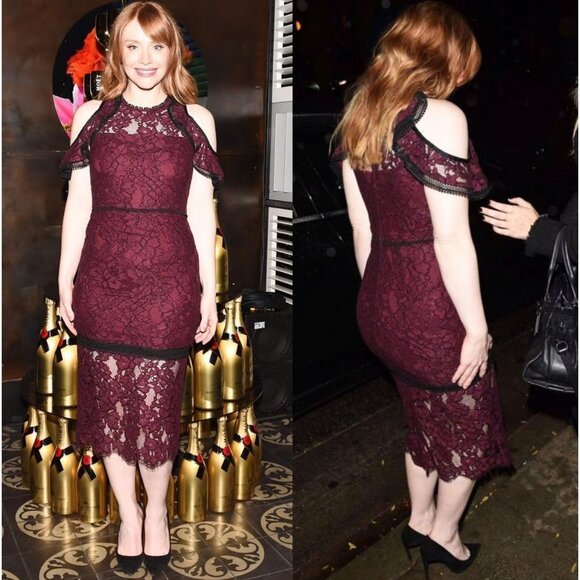 Alexis Evie Lace Sheath Burgundy Midi Dress Cold Shoulder Wine Medium - Picture 2 of 16